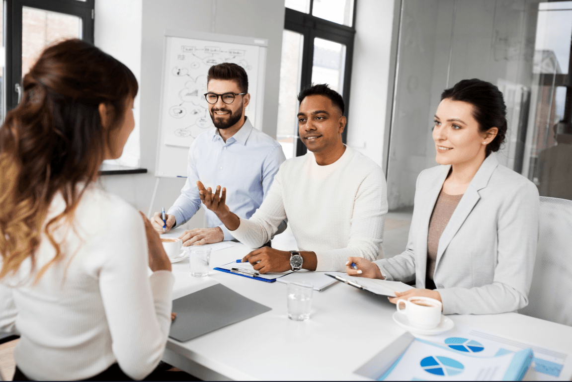 Recruitment assessment discussion in an office